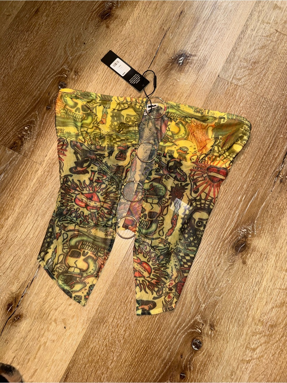 Yellow Sheer Tattoo Print strapless top with Ring Detail Size Large